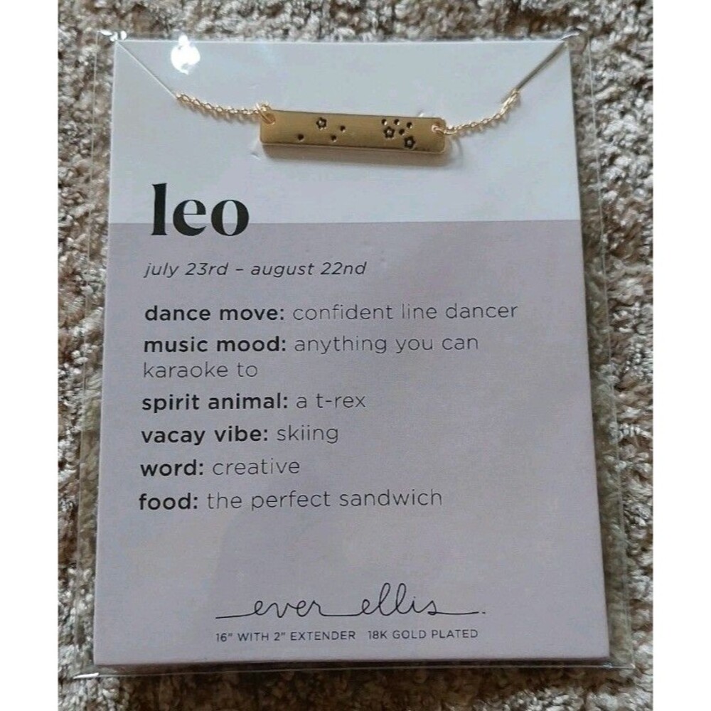 Leo Zodiac Bar Necklace 18K Gold Plated Ever Ellis 16" July 23 - August 22